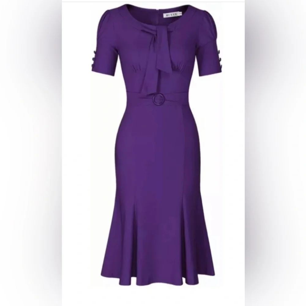 Elegant Purple Midi Dress with Waist Belt - Picture 1 of 6